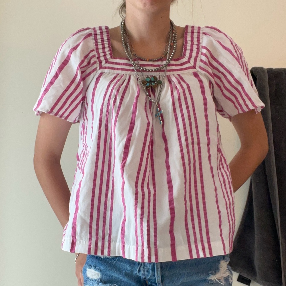 LOFT Pink and White Striped Blouse